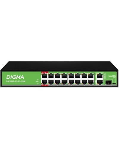 DSP216F-1G-1C-R300 (L2) 16х100Мбит/с 1х1Гбит/с 1хКомбо(1000BASE-T/SFP) 16PoE 16PoE+ 2PoE++ 300W. Коммутатор с питанием по PoE. Digma в Тамбове