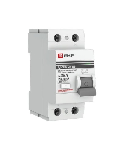 УЗО ВД-100 2P 25А 30мА тип AC эл-мех  PROxima (elcb-2-25-30-em-pro). Выключатель дифференциального тока (УЗО). EKF в Тамбове