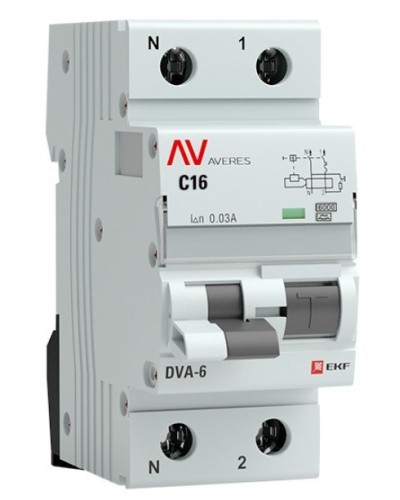 DVA-6 1P+N 16А (C) 30мА (A) 6кА  AVERES (rcbo6-1pn-16C-30-a-av). Автоматический выключатель дифференциального тока. EKF в Тамбове