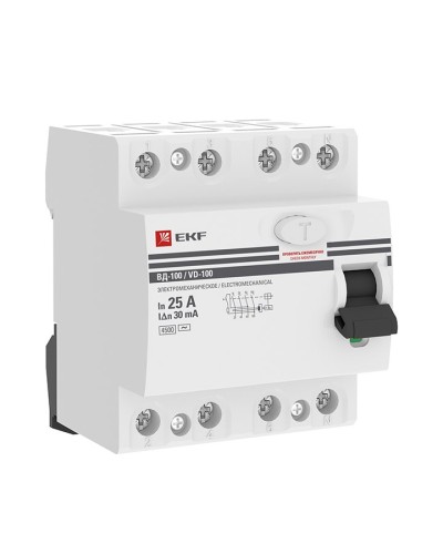 УЗО ВД-100 4P 25А 30мА тип AC эл-мех  PROxima (elcb-4-25-30-em-pro). Выключатель дифференциального тока (УЗО). EKF в Тамбове
