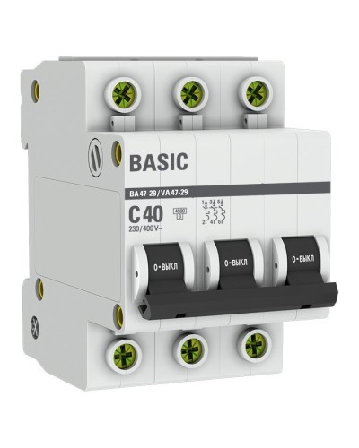 Автоматический выключатель 3P 40А (C) 4,5кА ВА 47-29 Basic (mcb4729-3-40C). Автоматический выключатель. EKF в Тамбове