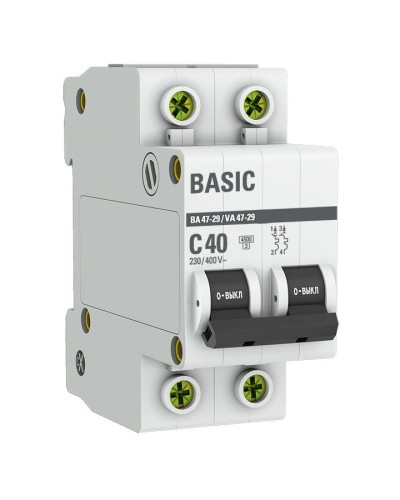 Автоматический выключатель 2P 40А (C) 4,5кА ВА 47-29 Basic (mcb4729-2-40C). Автоматический выключатель. EKF в Тамбове
