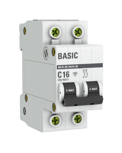 Автоматический выключатель 2P 16А (C) 4,5кА ВА 47-29 Basic (mcb4729-2-16C). Автоматический выключатель. EKF в Тамбове