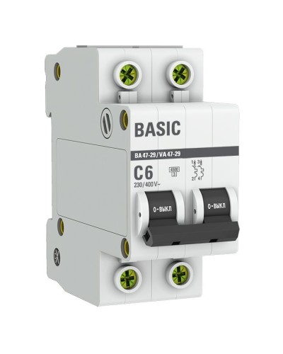 Автоматический выключатель 2P 6А (C) 4,5кА ВА 47-29 Basic (mcb4729-2-06C). Автоматический выключатель. EKF в Тамбове