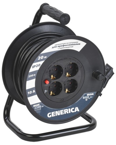 УК20 4 места 2P+PE, 20м GENERICA (WKP10-10-04-20-G). Удлинитель на катушке с термозащитой, 3х1,0кв.мм. IEK в Тамбове