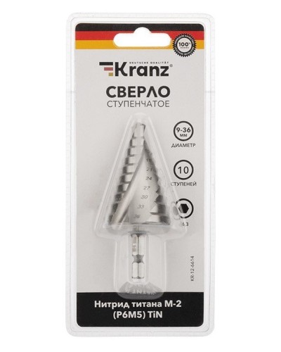Сверло по металлу ступенчатое ТИТАН 9,0-36,0 мм 110 mm 65 HRC Р6М5 TiN Kranz (KR-12-6614): Сверло по металлу шлифованное в Тамбове