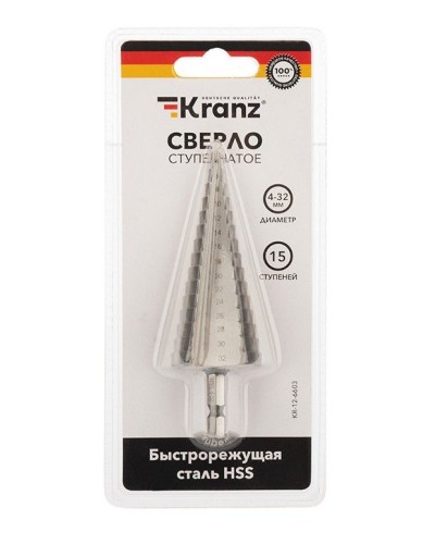 Сверло по металлу ступенчатое 4,0-32,0 мм 102 mm 62 HRC Kranz (KR-12-6603): Сверло по металлу шлифованное в Тамбове