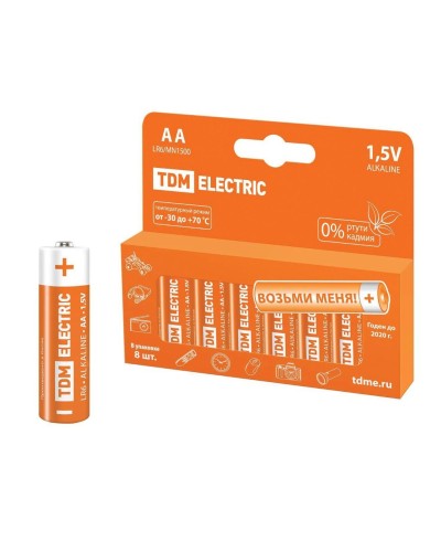 LR6 AA Alkaline 1,5V PAK-8 TDM (SQ1702-0009). Элемент питания. TDM ЕLECTRIC в Тамбове
